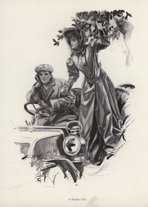 車の中からりんごを摘む女性（リトグラフ 作： Harrison Fisher