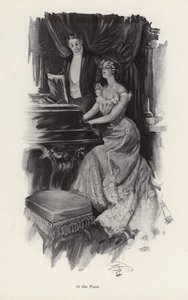 ピアノで歌う女性（リトグラフ 作： Harrison Fisher