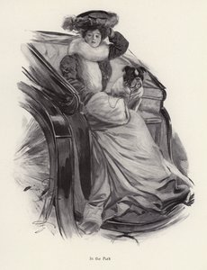 犬を連れて馬車に座る女性（リトグラフ 作： Harrison Fisher