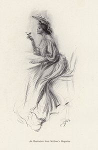 飲み物を飲む女性（リトグラフ 作： Harrison Fisher