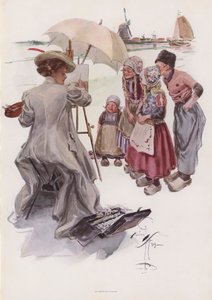 オランダの風景を描く若いアメリカ人女性（カラーリトグラフ 作： Harrison Fisher