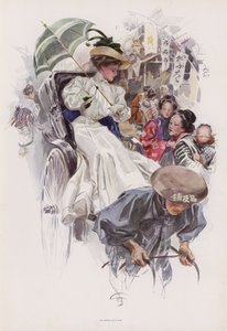 日本の人力車に乗る若いアメリカ人女性（カラーリトグラフ 作： Harrison Fisher