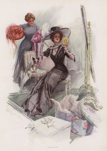 フランスの縫製工場で帽子を試着する若いアメリカ人女性（カラーリトグラフ 作： Harrison Fisher