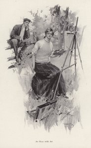 田舎で絵を描いている若い女性アーティストと、それを見ている若い男性（リトグラフ 作： Harrison Fisher