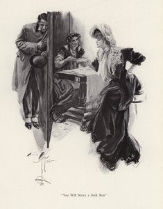 ジプシーに自分の将来を占ってもらう若い女性（リトグラフ 作： Harrison Fisher