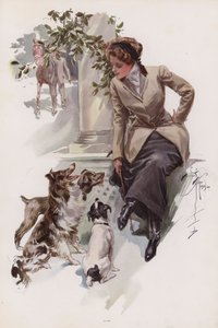 乗馬服を着た若い女性が犬と一緒に座っている様子（カラーリトグラフ 作： Harrison Fisher