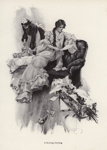 憧れの人から花束と手紙を受け取る若い女性（リトグラフ 作： Harrison Fisher