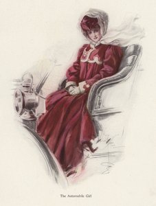 車に座る若い女性（カラーリトグラフ 作： Harrison Fisher