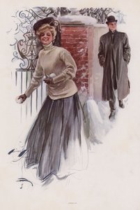 男性に雪玉を投げるのを待つ若い女性（カラーリトグラフ 作： Harrison Fisher