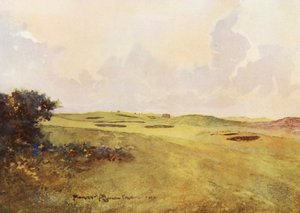 ゴルフコースアンドリュース、12番グリーンから振り返る（カラーリトグラフ） 作： Harry (1878 1950) Rountree