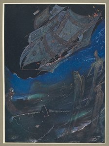 海上の船とその下にいる魚を描いたイラスト。 作： Harry Clarke