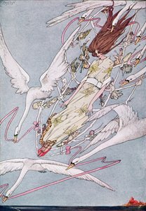 ハンス・クリスチャン・アンデルセンの『野生の白鳥』の挿絵「そして一日中、彼らは飛び立った」 作： Harry Clarke
