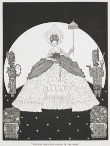 「月の色のガウン」。ロバの皮」の挿絵。日傘を差した美しい王女と、その両脇に立つ2人の召使い。 作： Harry Clarke