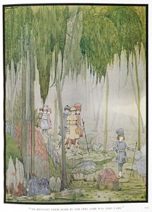 "彼は来た時と同じ方法で彼らを家に連れ帰った"小さな親指」の挿絵。森の中の子供たち。 作： Harry Clarke