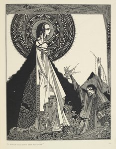 "私は彼女の名を大声で呼ぶだろう"。短編小説 "Ligeia "の挿絵。
"Ligeia "はエドガー・アラン・ポーの短編小説。無名の語り手と、美しく聡明な鴉の髪の女性である妻リギアの物語。彼女は病に倒れ、"Th 作： Harry Clarke