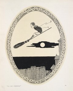 「ホウキがあれば」。パトリック・R・チャルマーズの詩の挿絵。
ほうきに乗った少年 作： Harry Clarke
