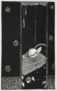 森の眠れる森の美女」の挿絵。ベッドの上の眠れる森の美女。 作： Harry Clarke