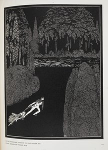 水への苦難の旅で、彼の恐怖は倍増した」。物語「マリー・ロジェの謎」の挿絵。 作： Harry Clarke