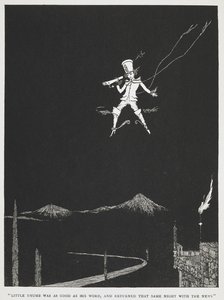 「リトルサムは約束通り、その日の夜に知らせを持って戻ってきた。夜空を飛ぶ使者。"小さな親指 "の挿絵。 作： Harry Clarke