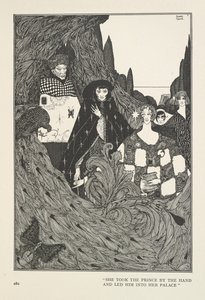 楽園の園。彼女は王子の手を取り、宮殿へと導いた。 作： Harry Clarke