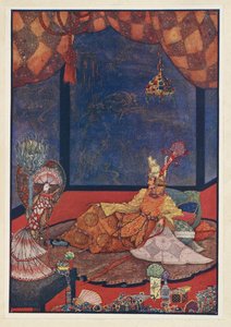 ナイチンゲールその人工の鳥は、皇帝のベッドに近い絹のクッションの上に置かれていた。 作： Harry Clarke