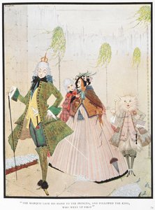「侯爵は王子たちに手を差し伸べ、王の後に続いた。長靴をはいた猫」の挿絵。 作： Harry Clarke
