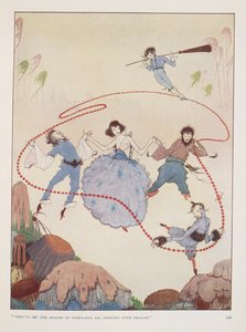 "おとぎの国の王国を歓喜で踊らせる"。ローズ・ファイルマンによる『秋の施し』の挿絵。空中で踊る人物たち。 作： Harry Clarke