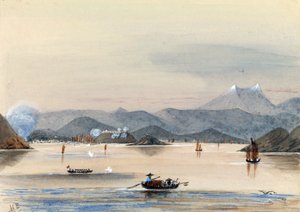 手漕ぎボートや中国のジャンク船とともに、広東（中国）のチュンペー川を進むHMSトリビューン号 作： Harry Edmond Edgell
