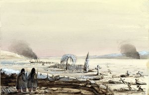 1855年、キンバーン（ロシア、ウクライナ）の墓地。ドニエペルの凍った海を切り開くHMSトリビューン号。ハリー・エドモンド・エッジェル副提督（1809-1876）の絵画、水彩1855年。 作： Harry Edmond Edgell