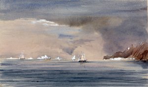 ホーン岬（チリ）沖の氷山とHMSトリビューン号のシルエット。ハリー・エドモンド・エッジェル副提督（1809-1876）の絵画、水彩1856年。 作： Harry Edmond Edgell