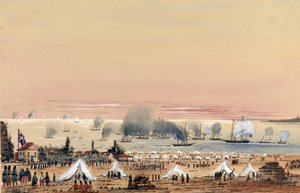 1855年10月、キンバーン（ウクライナ、ロシア）への上陸、海岸にはイギリス軍のキャンプ、沖合にはHMSトリビューンを含む艦隊が停泊していた。