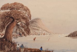 木と人物を前景にした海岸都市の眺め 作： Harry Edmond Edgell