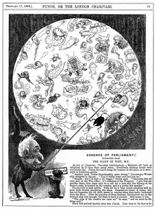 国会の本質。1883年第1回国会開会記念漫画（木版画 作： Harry Furniss