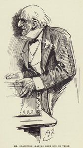 テーブルの上のボックスにもたれてグラッドストン氏 作： Harry Furniss