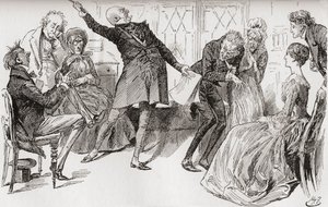 O Sr. Micawber Atinge a Queda de Heep. “O floreio triunfante com que o Sr. Micawber proferiu as palavras teve um efeito poderoso em alarmar a mãe, que gritou com muita agitação: “Ury! Ury! Seja humilde e faça um acordo, minha querida!" Illu
