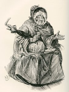 Sra. Gamp. Ilustração de Harry Furniss para o romance de Charles Dickens, Martin Chuzzlewit, da The Testimonial Edition, publicado em 1910. 作： Harry Furniss