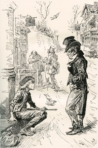Oliver cai com The Artful Dodger. "Olá, meu bando, qual é a briga?" disse este estranho jovem cavalheiro para Oliver. "Estou com muita fome e cansado", respondeu Oliver; as lágrimas em seus olhos enquanto ele falava. "Eu andei um longo caminho. Eu andei