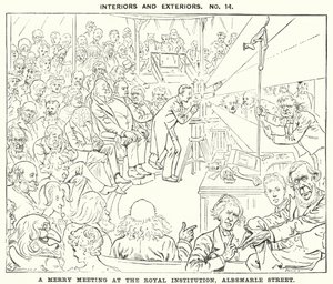 パンチの漫画。A Merry Meeting at the Royal Institution, Albemarle Street, London (e.g. engraving) 作： Harry Furniss