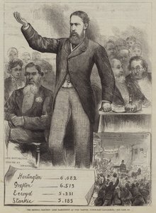 総選挙、ノースイーストランカシャーのダーウェンでのハーティントン卿 作： Harry Furniss