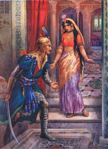 ラーマの姿を見つけると、彼女は突進した。ラーマとシータの冒険」より、挿絵：「インドの伝説にまつわる子供の物語」、1930年代頃（カラーリトグラフ）