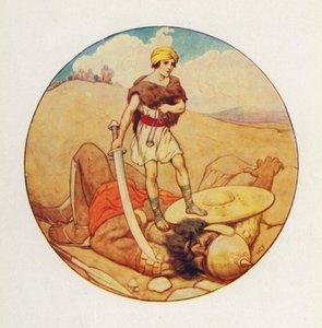 ダビデは巨人の剣を奪い、ゴリアテの首を切り落とした（カラーリトグラフ） 作： Harry George Theaker