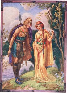 あなたの求婚者になる許可をください」（『ダイフェッドの王子』より）（カラーリトグラフ） 作： ハリー・ジョージ・ティーカー