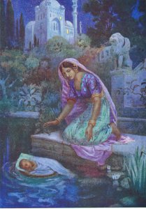 クンティはあえて逆らわなかった。1930年代頃のカラーリトグラフ、「インドの伝説にまつわる童話」挿絵、「冒険する兄弟たち」より。