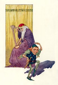王をもてなす吟遊詩人と小人たち（カラーリトグラフ） 作： Harry George Theaker