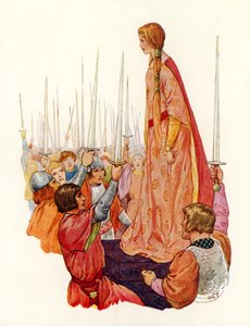 将来の女王グィネヴィア姫に敬礼する騎士たち（カラーリトグラフ）