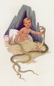 ヘビを絞め殺す赤ん坊のヘラクレス（カラーリトグラフ） 作： Harry George Theaker