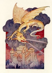 「ドラゴンは翼を広げ、城の上空にぶら下がった」（カラーリトグラフ）