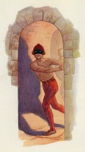 そのうちの1人は、腰から上が裸で、黒いマスク（カラーリトグラフ）をつけていた 作： Harry George Theaker