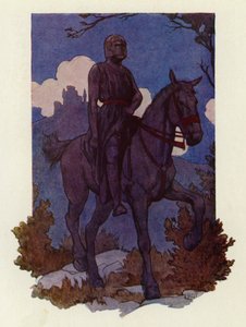 その見知らぬ騎士は、大きな黒い馬に乗り、全身黒ずくめの武装で、彼らに向かってきた（カラーリトグラフ）。 作： Harry George Theaker
