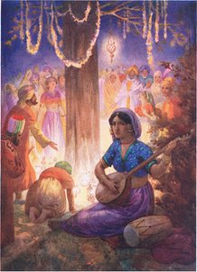 彼らは花輪とランプと音楽を持ってやってきた。1930年代頃の「Childrens Stories from Indian Legends」（カラーリトグラフ）の挿絵「Kings Column」より。